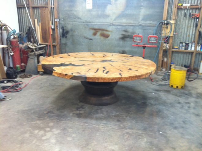 Cypress Table With Bronze Base and Bronze Inlays