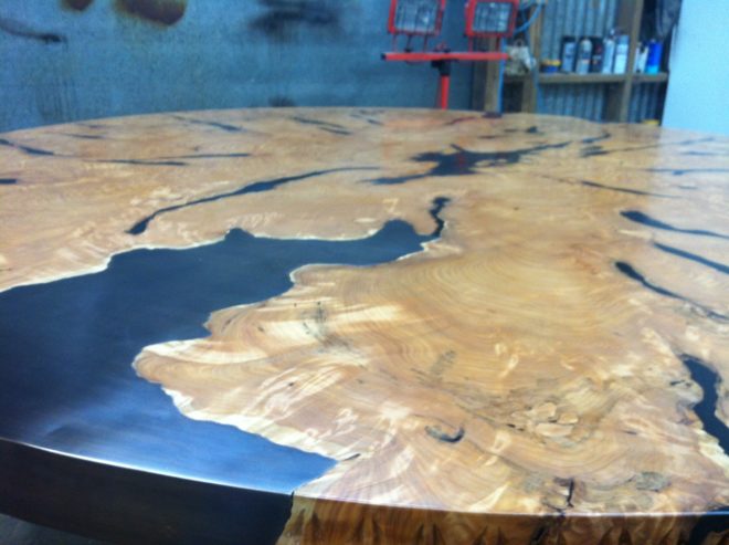 Cypress Table With Bronze Base and Bronze Inlays